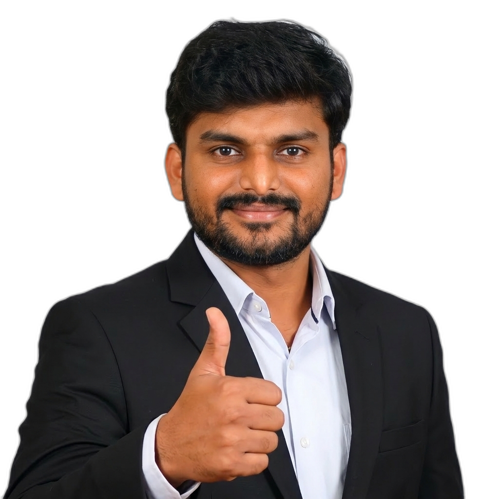 Creator Mahesh in black suit with thumbs up pose